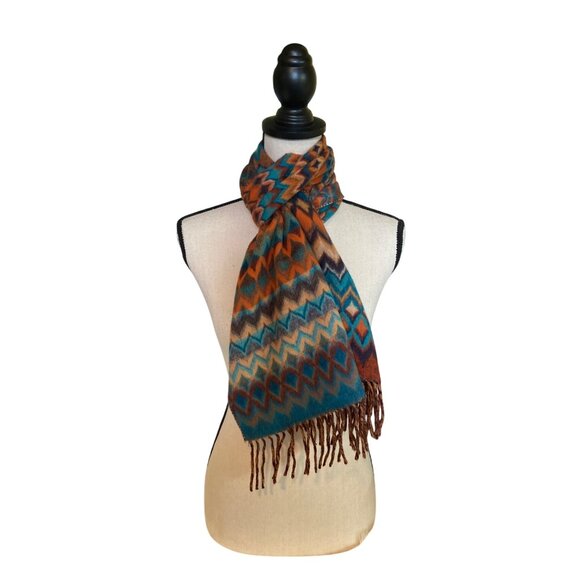 Fras Feel Cashmink Womens Rectangle Scarf Zigzag Fringe Blue Orange Brown Warm - Picture 1 of 7